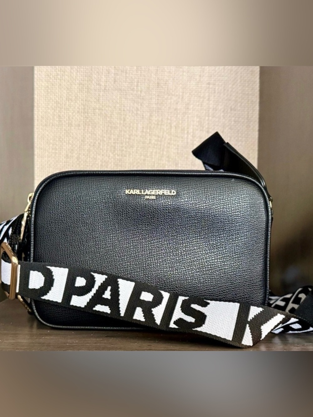 Karl Lagerfeld Black Leather Belt Bag with Bold Black-and-White Strap